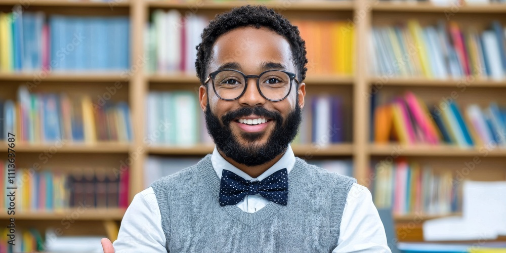 Poster a smiling man with glasses and a bow tie stands confidently in front of a colorful bookshelf, embody