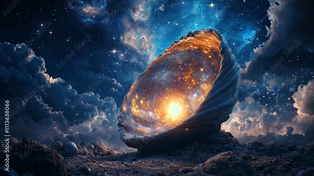 Poster a surreal cosmic scene featuring a glowing orb surrounded by stars and clouds, suggesting a mystical