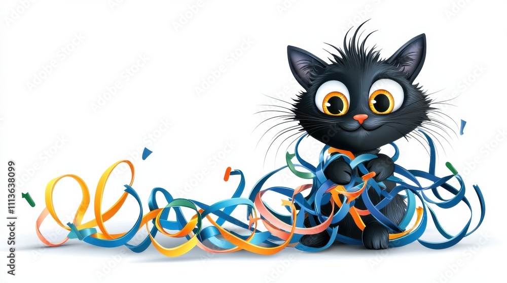 Poster playful black kitten entangled in colorful strings and ribbons on white background