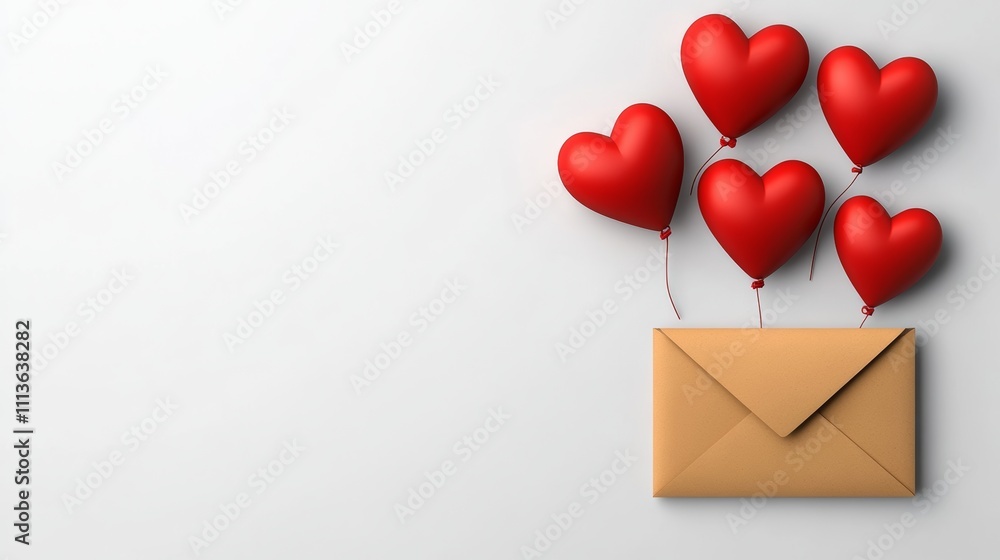 Poster brown envelope with five red hearts on top of it. the envelope is open and the hearts are floating i