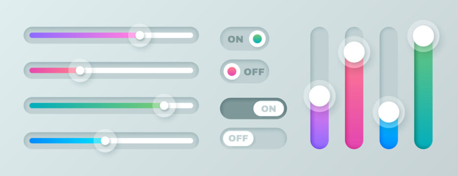 Vector set of scroll bar icons. Colored sliders, computer scrollbars. Web design elements for website, app user interface or internet page. Brightness controller, turn on and off toggle switch buttons