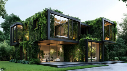 Obraz premium Modern eco-friendly house covered in greenery with large glass windows.