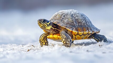 Fototapeta premium A close-up of a turtle crawling on a sandy surface, showcasing its colorful shell and textured skin against a blurred background.