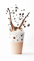 Milkshake with whipped cream, sprinkles, berries and topping served in plastic glass with straw splashing isolated on background commercial photo