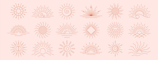 Vector set of linear boho sunrise logo, sunset symbols or sun rays. Hand drawn sunburst, outline sunbeam thin line design elements in minimal bohemian style. Mystic magic esoteric spiritual icons
