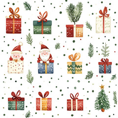 Watercolor Christmas set of cupcakes, presents, and a tree with bells on a white background, clipart.