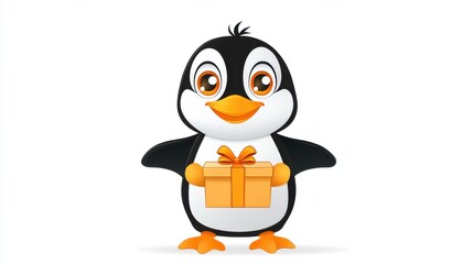 Obraz premium Cute Cartoon Penguin Holding a Wrapped Gift Box for Holidays or