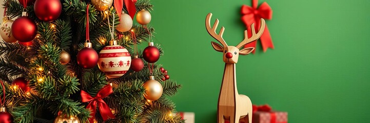 Beautifully decorated Christmas tree with glowing lights, surrounded by gifts and wooden reindeer, against a vibrant green wall, Christmas, decorations