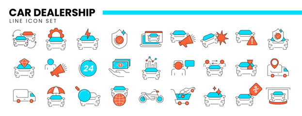 Fototapeta premium Auto dealership thin line icon set of car dealer, automotive industry, rental service or vehicle trade center. Linear symbols of repair, maintenance, transportation insurance, exchange or buy new cars
