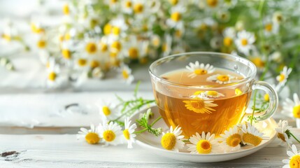 Cup of tea with fresh medicinal flowers, natural organic remedy, made with copy space.