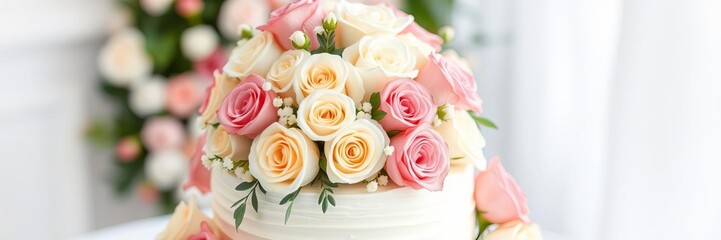 Obraz premium Big beautiful wedding cake decorated with fresh roses and greenery, party, tiered