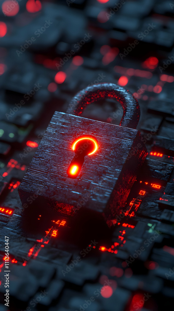 Poster A glowing red padlock with a question mark on a dark, digital background.