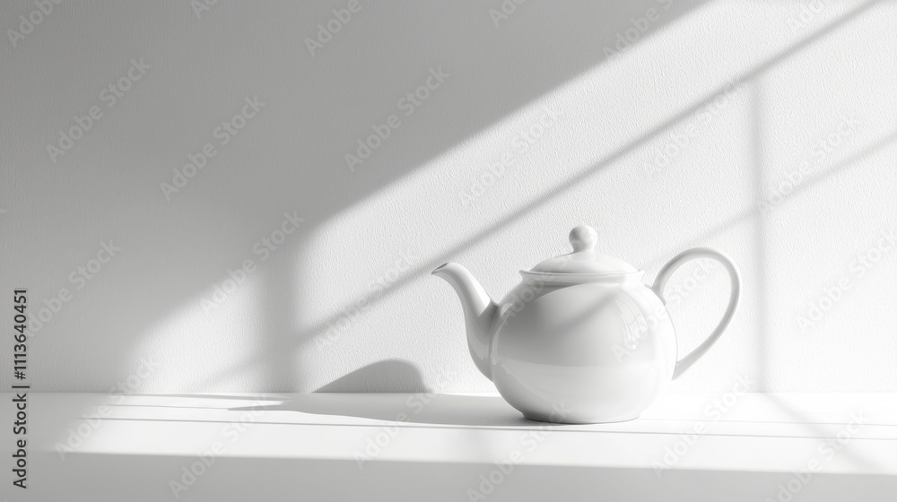 Aufkleber a minimalist white teapot sits on a surface, illuminated by soft lighting and contrasting shadows, c