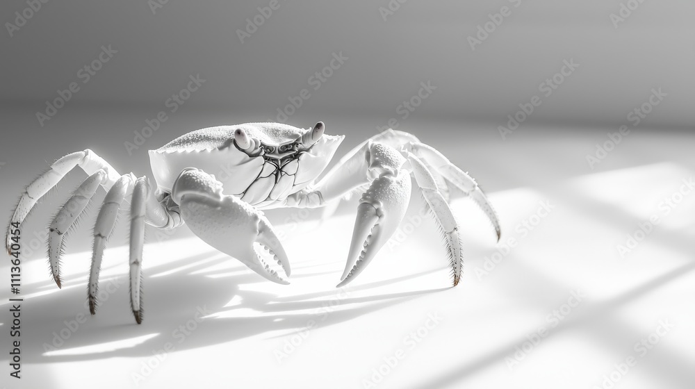 Aufkleber a white crab poised on a surface, illuminated by soft light, creating a serene and minimalist aesthe