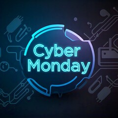Cyber monday neon sign with tech themed background highlighting the annual online shopping event
