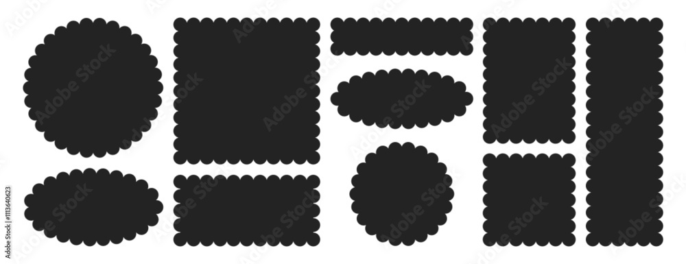 Wall mural vector set of black scalloped border in different shapes. circle, square, oval and rectangle forms w