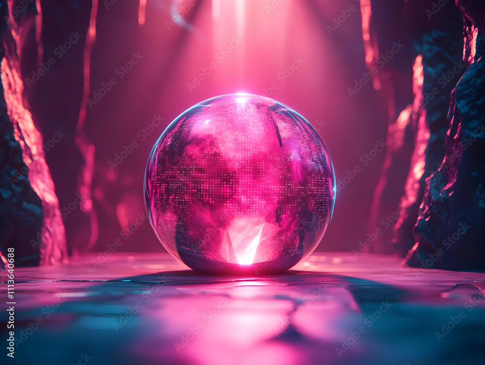 Poster A glowing pink orb in a mystical cave, illuminated by ethereal light.