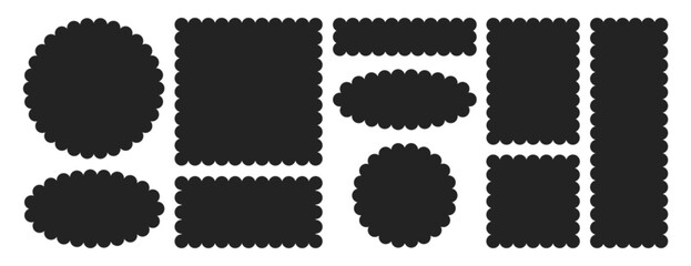 Vector set of black scalloped border in different shapes. Circle, square, oval and rectangle forms with frill lace edges. Scallop labels, flower frames or curved text box elements on white background