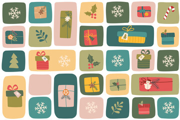 Christmas winter seamless pattern of gift boxes on colorful background. Christmas background. Christmas wrapping paper.