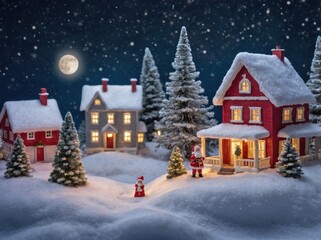 Fototapeta premium A miniature snowy village display with Santa Claus doll standing.