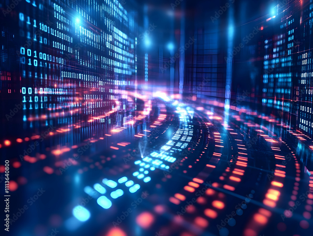 Poster A digital landscape with flowing data streams and binary code, representing technology and information.