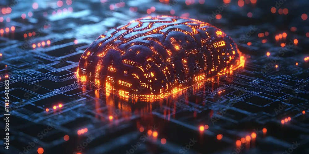 Fototapete A glowing brain-like structure on a circuit board, symbolizing advanced technology and AI.