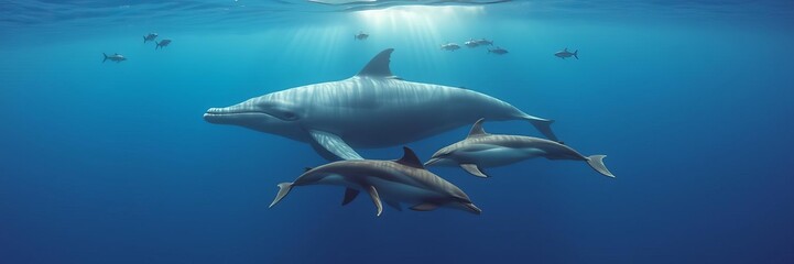 Obraz premium Blue whale swimming in the ocean with a pod of dolphins and a school of fish in clear blue water, peaceful, nature
