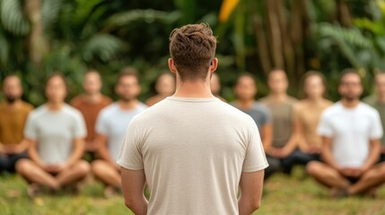 Yoga Instructor Guides a Group in an Outdoor Boot Camp Session Focused on Promoting Health Wellness and Mindfulness Through Yoga Practices in a Serene Natural Environment