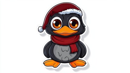 Cute Cartoon Penguin in Santa Hat and Scarf