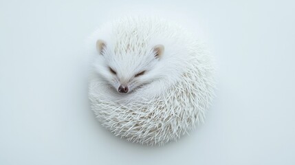 A small, curled-up white hedgehog resting peacefully on a soft, light background, showcasing its adorable features and spiky fur.