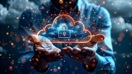 Cybersecurity Technology Concept, Businessman Holding Padlock and Cloud Icon, Focusing on Information Security, Encryption, User Privacy, and Cyber Crime Prevention