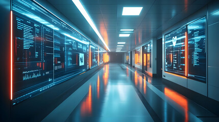 Futuristic corridor with glowing screens displaying data and analytics.