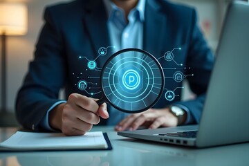Business professional using a magnifying glass to examine a digital patent icon symbolizing intellectual property analysis
