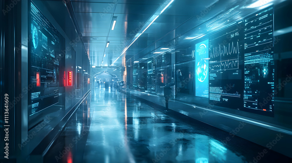 Poster A futuristic corridor filled with digital screens and high-tech interfaces.