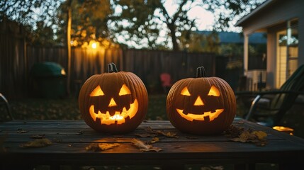 Two carved pumpkins with glowing faces on a table in a cozy outdoor setting.