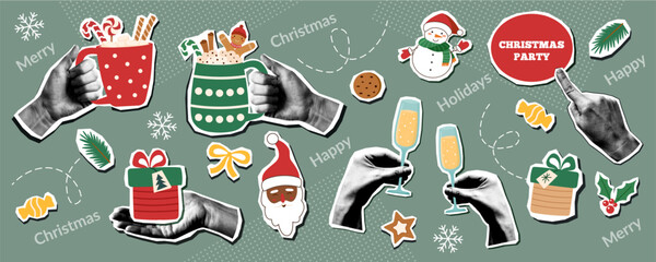 Christmas collage banner with Christmas objects and human hands. Christmas trendy pop art background.