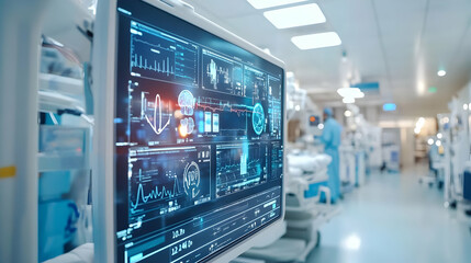 Obraz premium Medical monitor displaying vital signs in a hospital setting.