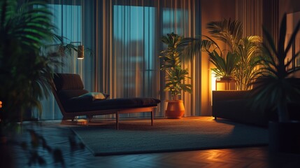 Fototapeta premium Serene Evening Living Room with Chaise Lounge and Plants