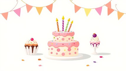 Bright and colorful three tier cartoon style cake with pink cream candles and cherries, perfect for greeting cards, invitations, and banners, colorful, fun