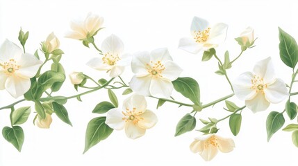 Delicate white jasmine flowers in a horizontal floral border design with buds, leaves, and stems.