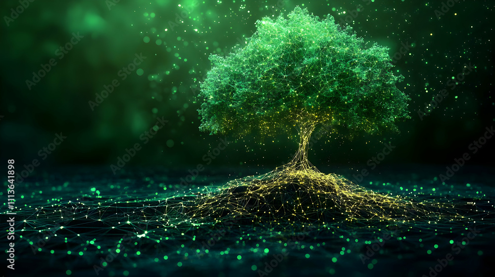 Poster A digital representation of a tree with glowing particles, symbolizing growth and connection.