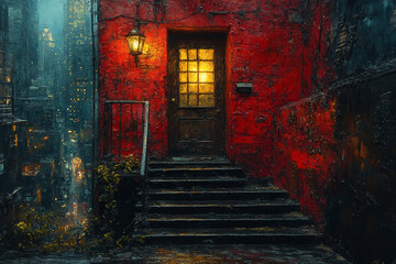 Obraz premium Illuminated City Alleyway Entrance Steps Door