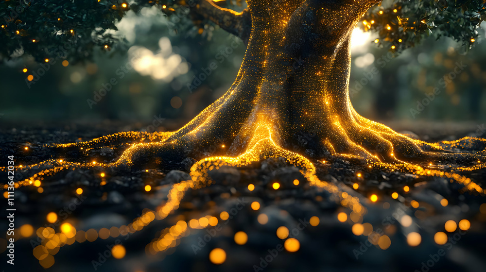Aufkleber A glowing tree with illuminated roots and a magical atmosphere.