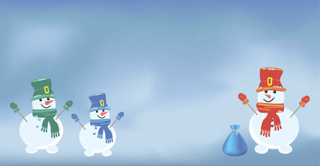 Happy snowmen in a scarf and hat on a blue background. The concept of a happy winter holiday, Christmas. 