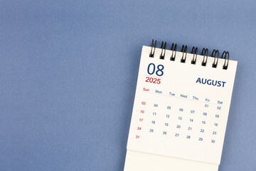 August 2025 Mini monthly desk calendar for 2025 year on blue color background.