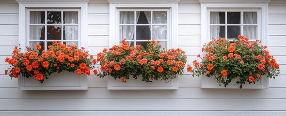 White window boxes with orange flowers against a white house.