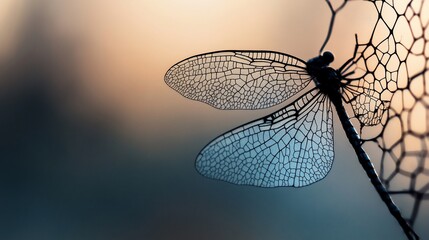 Delicate dragonfly wings, intricate mesh, backlit, soft sunset colors.