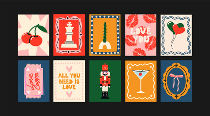 Abstract bright posters in minimalist style. Wall decor, trendy banners of berries, cocktails, nutcracker, love in the cartoon style of Matisse. Decor of wallpaper, walls, print and postcards © Limpreom