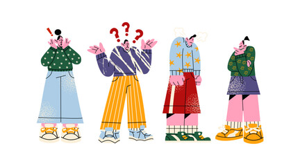 Characters with emotions of shock, surprise and anger. Cartoon emotional gesturing people. Enraged excited mascots with bright emotions of bewilderment, good and bad news. Vector illustration