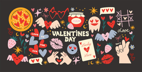 Cartoon stickers for St. Valentine's Day on February 14 in retro 90s style. Romantic elements, love envelope, hearts,love, gifts. Vector shapes set.